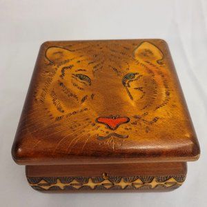 Vintage Wooden Hand-Carved Trinket Jewelry Box with Lock and Key